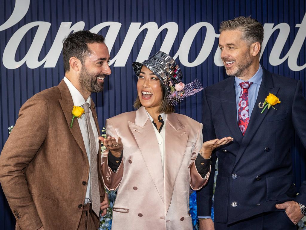 MasterChef judges Andy Allen, Melissa Leong and Jock Zonfrillo at the Melbourne Cup 2022. Picture: Jake Nowakowski