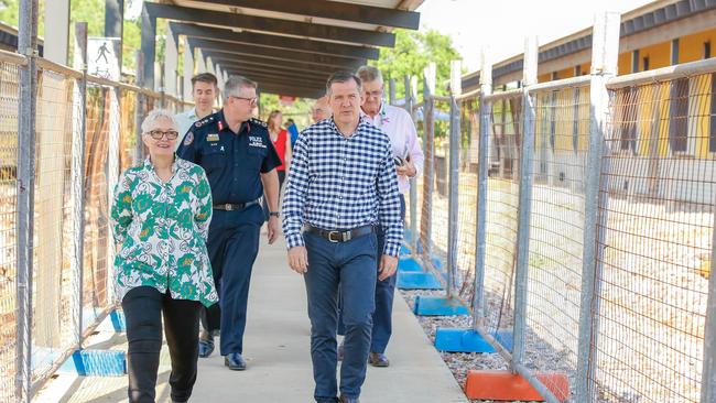 Deputy Chief Health Officer Dianne Stephens (L) and Chief Minister Michael Gunner arrive at a press conference at the Howard Springs Quarantine centre as NT orders open to interstate visitors. Picture GLENN CAMPBELL