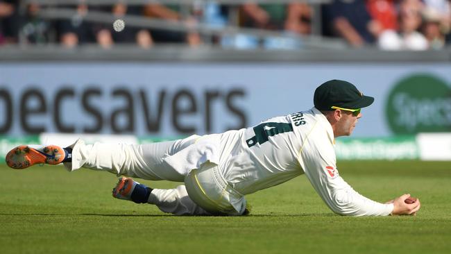 Marcus Harris made his ground and got hands under a top edge from Ben Stokes ...