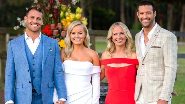 Only one out of eight Bachelorette couples is still together. Pictured season 6’s Elly and Becky Miles with their chosen winners Frazer Neate (left) and Pete Mann (right).