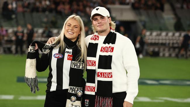 Shane Warne’s kids Brooke Warne and Jackson Warne tossed the coin before St Kilda’s round one match at Marvel Stadium on Friday night. Photo by Michael Klein