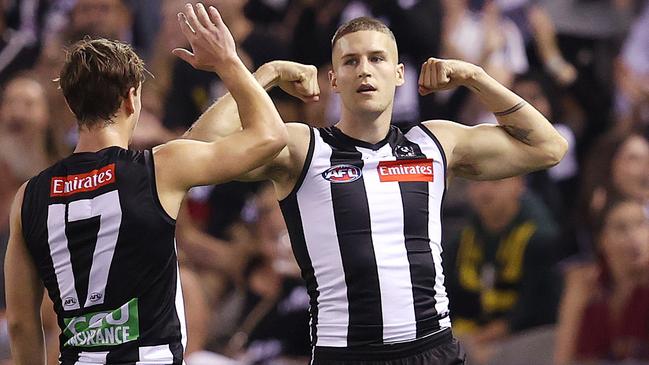 Brayden Sier celebrates a goal for Collingwood. Picture: Michael Klein