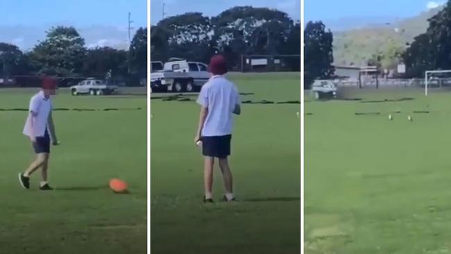 Young hoons in a stolen ute ripping up the grass at a sports field in Annandale. Picture: Facebook