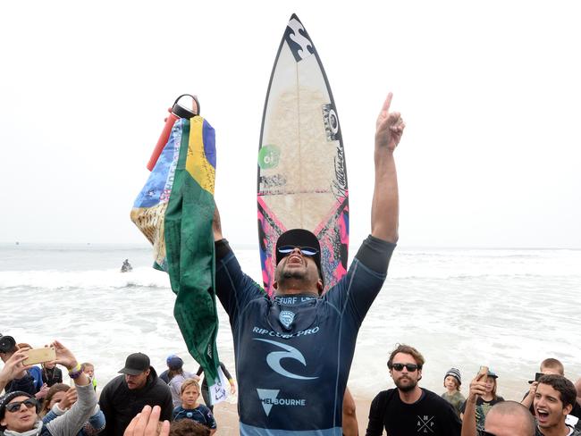 Italo Ferreira (Brazil) won the 2018 Bells Rip Curl Pro after defeating Mick Fanning in his last career event. Picture: Jason Sammon