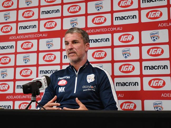 United head coach Marco Kurz speaks to the media during a press conference at Coopers Stadium in Hindmarsh, Adelaide, Thursday, March 14, 2019. (AAP Image/David Mariuz) NO ARCHIVING