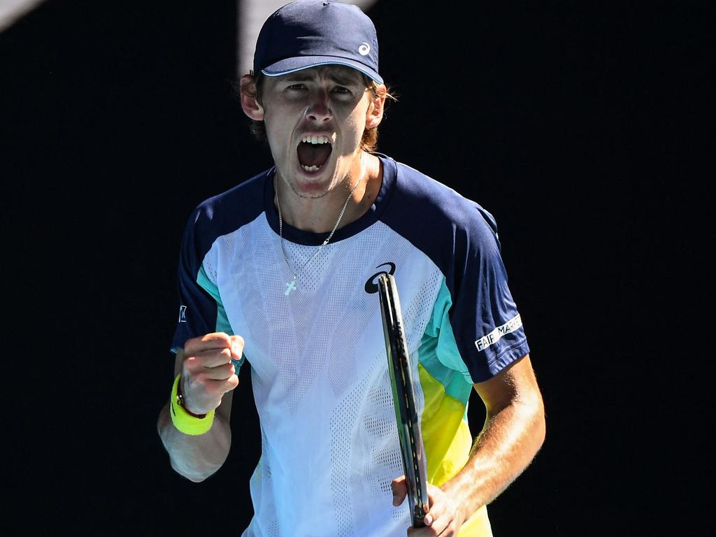 A fired-up Alex de Minaur went in for the kill. Picture: AFP