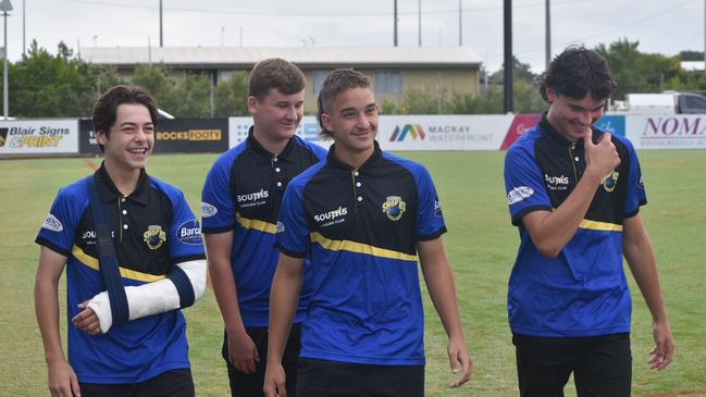 Noah Levitz (L), Tom Kelly, Ty Ison and Bailey Anderson won the Crocs to Cane Toads carnival for the Souths Sharks, July 2, 2021. Picture: Matthew Forrest