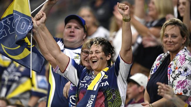 Cowboys fans show their support during the NRL Qualifying Final match between North Queensland Cowboys and Newcastle Knights at Queensland Country Bank Stadium on September 14, 2024. (Photo by Ian Hitchcock/Getty Images)