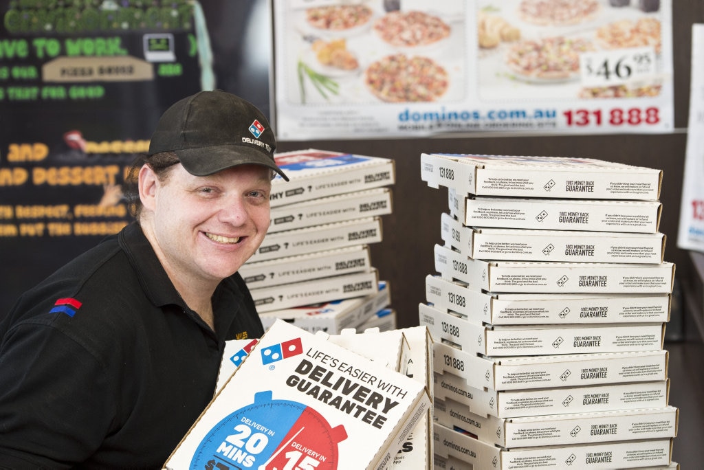 Myles Copson of Westridge Dominos Pizza is excited the store sold the most pizzas of any store on the night of the first State of Origin game, Friday, June 22, 2018. Picture: Kevin Farmer