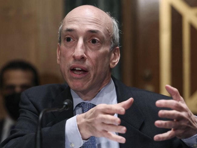 Gary Gensler, chairman of the U.S. Securities and Exchange Commission (SEC), speaks during a Senate Banking, Housing and Urban Affairs Committee hearing in Washington, D.C., U.S., on Tuesday, Sept. 14, 2021. Gensler has signaled corporate bonds are in his crosshairs, showing his focus extends beyond frothy markets like crypto and meme stocks to a key pillar of Wall Street. Photographer: Evelyn Hockstein/Reuters/Bloomberg