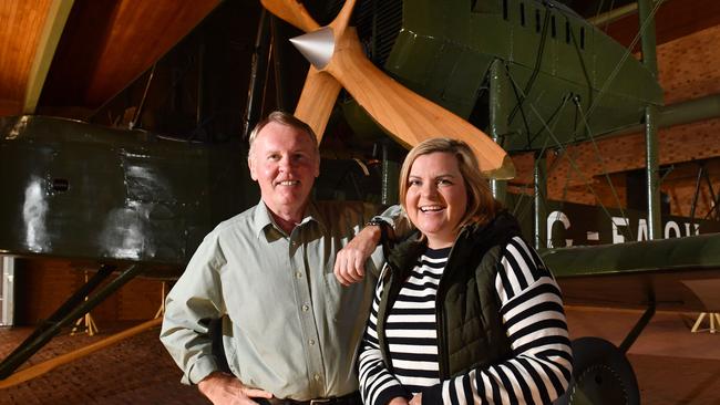 Andy Thomas and Susan Harrington in the hangar at Adelaide Airport. Picture: Keryn Stevens/AAP