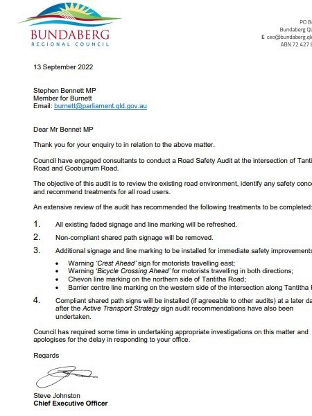 The official response from the Bundaberg Council confirming the safety audit and what would be assessed.