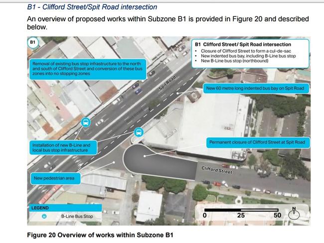 The B-Line plans for Mosman. The cinema was Spit Junction will be demolished. Image: Transport for NSW