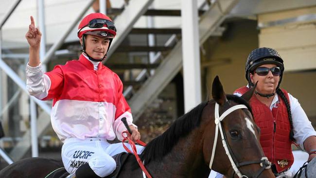 Apprentice jockey Michael Murphy enjoys his first Ipswich Cup winning ride. Picture: Rob Williams