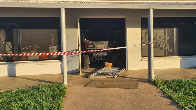 Ram raid at R&amp;M Motorcycles, Giles St, Katherine, on the evening of March 28-29, 2024, performed using a vehicle stolen from a senior teacher, who will now quit town. Picture: R&amp;M Motorcycles