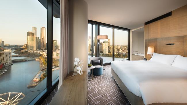 The view from the bedroom in the Panoramic Suite at Pan Pacific Melbourne. Picture: Adam Bruzzone