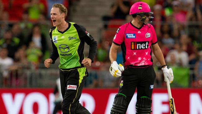 Thunder spinnter Jono Cook celebrates a wicket against the Sixers when the teams last met. Picture: AAP