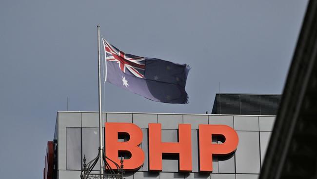 The old Adelaide GPO clock tower, now part of the Marriott hotel, with BHP signage. Picture:Brenton Edwards/NCA NewsWire