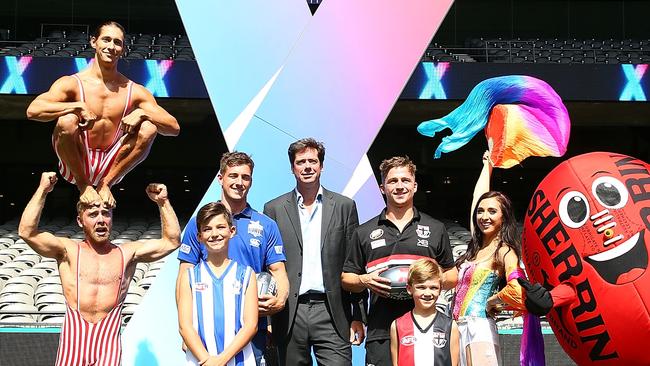 AFL CEO Gillon McLachlan (centre) at the AFLX launch. Pic: Getty Images