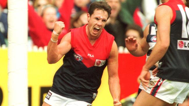 Steven Febey celebrates a goal against Geelong in 2001.