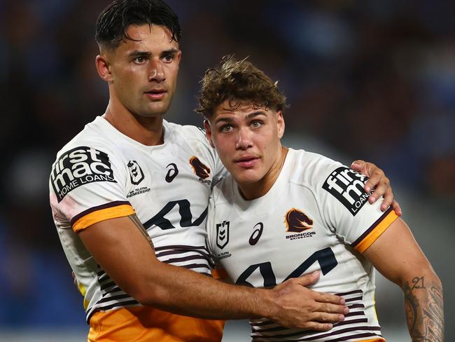 GOLD COAST, AUSTRALIA - APRIL 15: Jesse Arthars and Reece Walsh of the Broncos celebrate winning during the round seven NRL match between Gold Coast Titans and Brisbane Broncos at Cbus Super Stadium on April 15, 2023 in Gold Coast, Australia. (Photo by Chris Hyde/Getty Images)