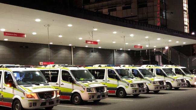 Ambulances lined up at the Gold Coast University Hospital raising concerns about ramping.