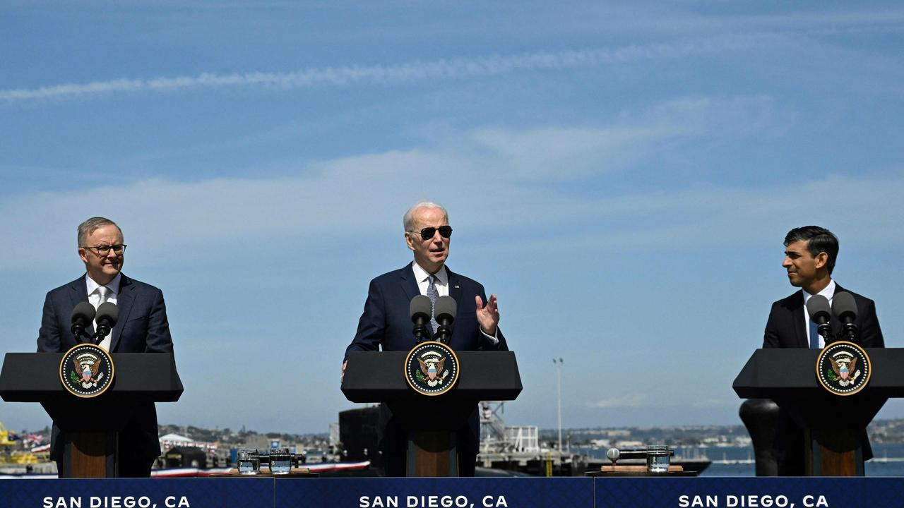 Anthony Albanese, Joe Biden and Rishi Sunak announced the AUKUS deal in San Diego. Picture: Jim Watson / AFP