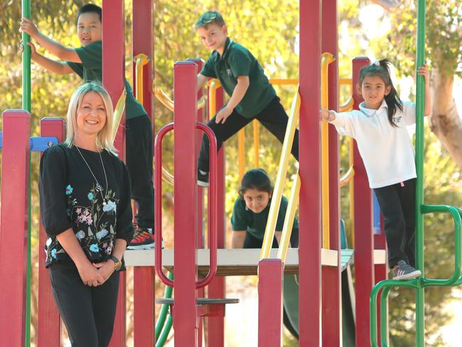 14/03/2019: Kings Park Primary Principal Jodi Park with students, for a study into high-performing schools in disadvantaged areas. Stuart McEvoy/The Australian.