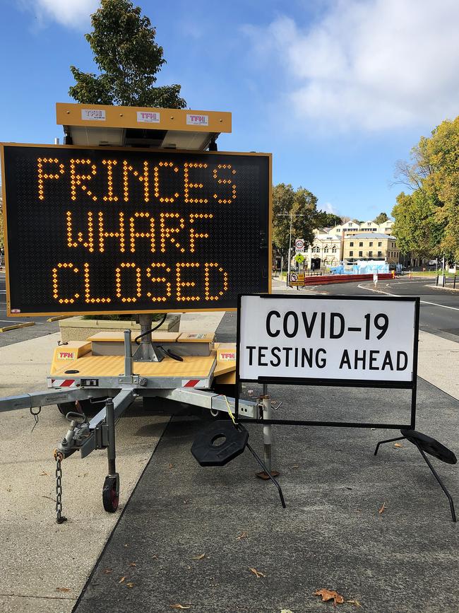 Signage on the Hobart waterfront near Princes Wharf Shed 1 where a drive through COVID-19 testing station has been set up. Picture: Nikki Davis-Jones