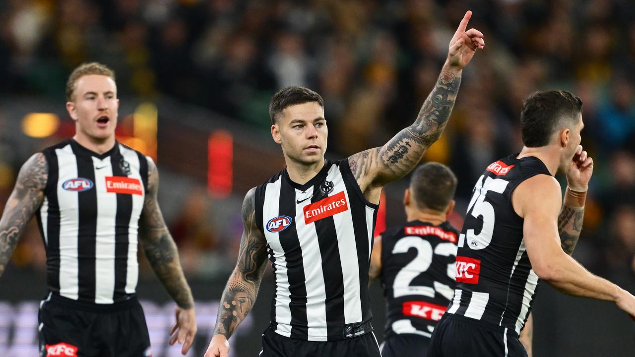 Jamie Elliott celebrates a goal against the Hawks. (Photo by Quinn Rooney/Getty Images)