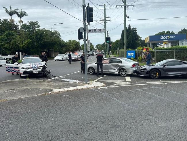 The multi-vehicle crash involving the luxury supercar and police vehicle at Hendra. Photo: Luxury Car Spotting Australia