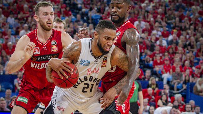 Shawn Long in action for Melbourne United against the Wildcats on Saturday night. Picture: AAP