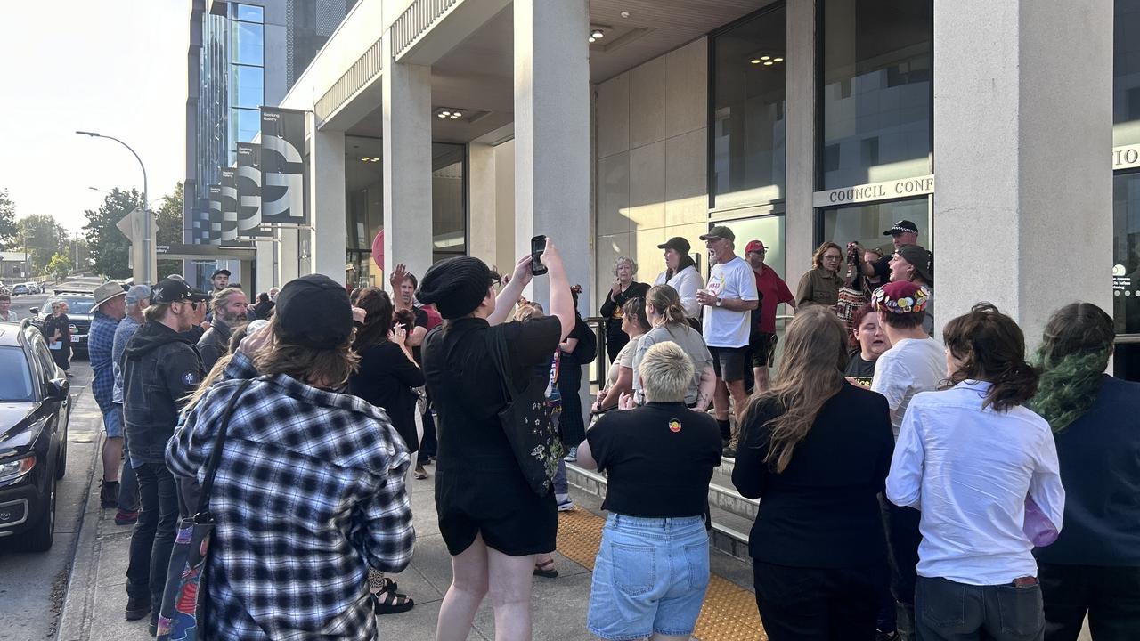 The scene outside City Hall after the public gallery was kicked out at Geelong council’s January meeting.