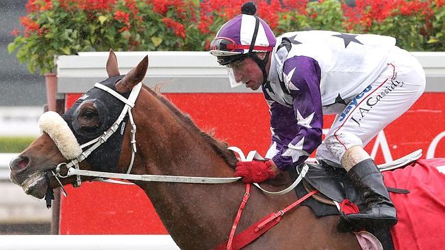  Jim Cassidy wins on Hawkspur during the Brisbane winter carnival at Eagle Farm. Picture: Peter Wallis 