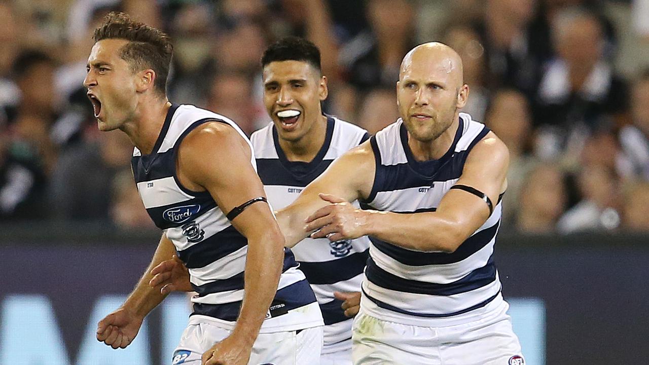 Geelong new recruit Luke Dahlhaus celebrates a goal. Photo: Michael Klein.