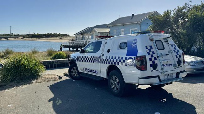 Police at the scene of a tragedy in Barwon Heads this morning. Photo: Alan Barber.