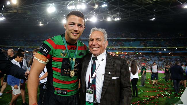 Former South Sydney star Sam Burgess and John Sattler during at the 2014 grand final. Picture: Gregg Porteous