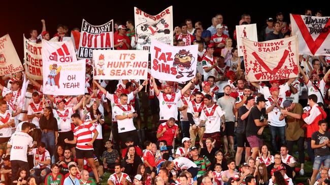 Dragons fans show their support at Jubilee Stadium, Kogarah. Picture: Getty Images