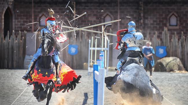 Phillip Leitch riding 'Valiant' and Cliff Marisma riding 'Paco' at a Kryal Castle joust. Picture: Alex Coppel