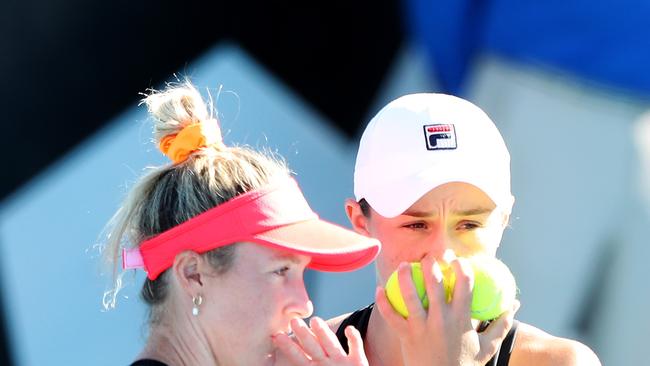 Ash Barty (right) joined Storm Sanders to score a first-round doubles victory at the Adelaide International. Picture: Getty Images