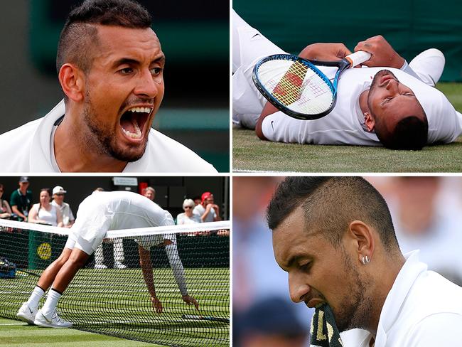 The many faces of Nick Kyrgios during his victory over Jordan Thompson at Wimbledon overnight. Picture: Agencies