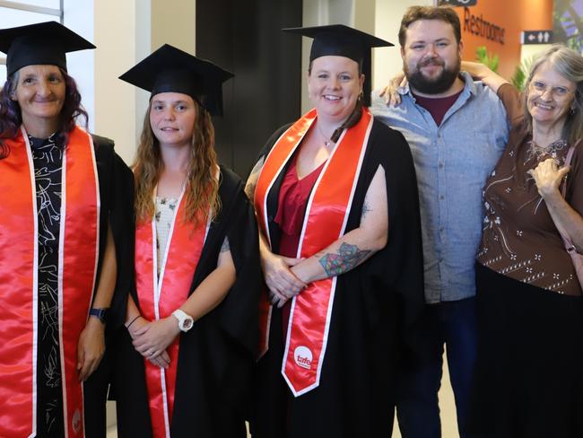 Nicole Henderson, Tamara Peters, Tamara Andrews, Bryce Woodley and Lorraine Andrews at the 2023 TAFE Queensland Bundaberg graduation ceremony.
