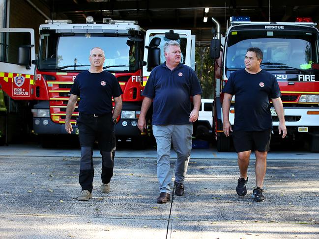 16/06/2020. NSW firefighters including (L-R) Mark Edwards, State Secretary Leighton Drury and Nugget Wetherall have called on the Bushfire Royal Commission to significantly increase federal funding ahead of next bushfire season. They declare the new reality of bushfire fighting is not reflected in either the quantum of professional firefighters available to render the required assistance and response, or the fleet and equipment available, especially to our professional firefighter fire stations." Jane Dempster/The Australian.