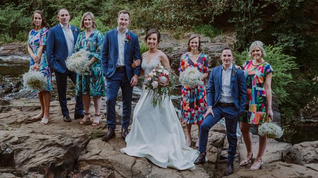 Katherine Ash and Justin Nickerson with the wedding party: Matt Nickerson, Sam Poulsen, Angela Nickerson (groomslady) and Bonnie Mohan, Genevieve Ash and Lauren Ash.