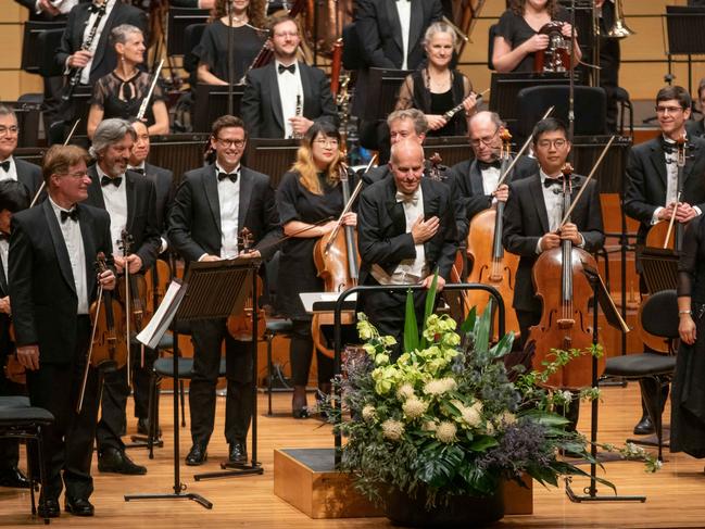 The Queensland Symphony Orchestra and conductor Johannes Fritzsch take a bow after the orchestra's much anticipated return to QPAC's Concert Hall with two performances of its final Maestro concert for 2020, Beethoven 5, marking the 250th anniversary of the legendary composer's birth. Picture: Peter Wallis, Socials: Damien Anthony Rossi