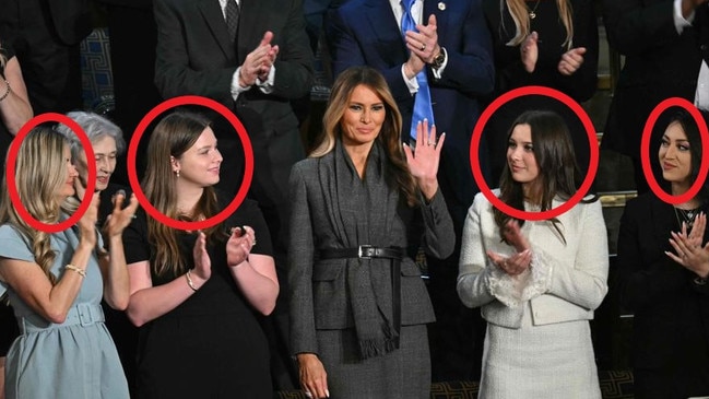 Melania's congress posse (from left) anti-trans campaigner January Littlejohn, Haley Ferguson, Mrs Trump, Elliston Berry and Alexis Nungaray, whose daughter was allegedly killed by two illegal migrants from Venezuela. Picture: Getty Images