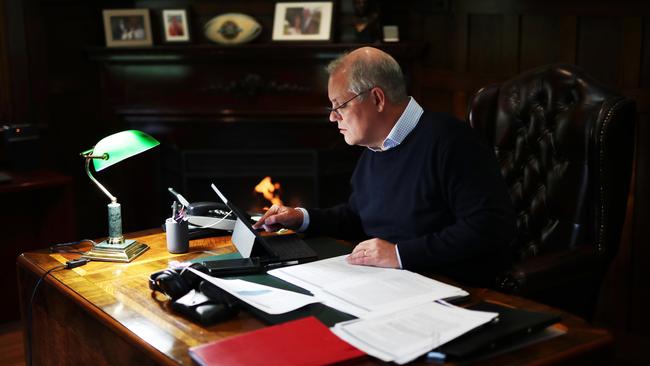 Scott Morrison prepares his pre-budget address at The Lodge in Canberra on Wednesday. Picture: Adam Taylor