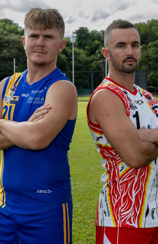 Wanderers Jeremy Piercy and Waratah Dylan Collis ahead of the 2024-25 NTFL Foundation Cup in Round 15. Picture: Pema Tamang Pakhrin