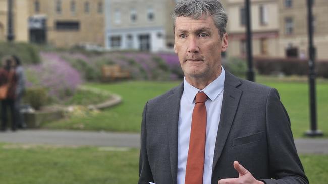 Tasmanian Auditor-General Martin Thompson speaks to the media on parliament Lawns in Hobart on Thursday August 8, 2024. Photo: David Killick