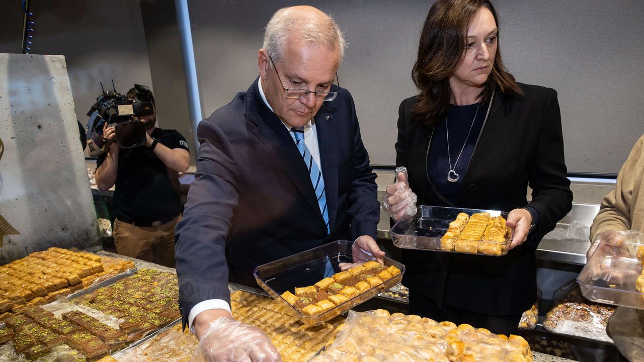 Prime Minister Scott Morrison at Abla’s Pastries, a family run and owned Lebanese sweets business in Granville. Picture: Jason Edwards